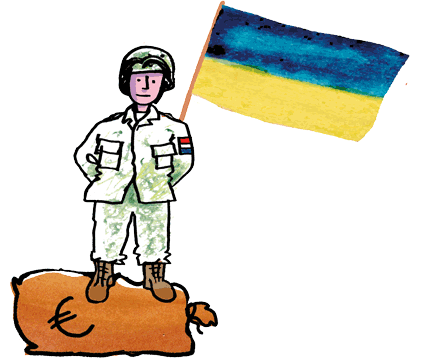 Defensie versterkt - illustratie Nederlandse soldaat op een zak geld voor de vlag van Okraïne