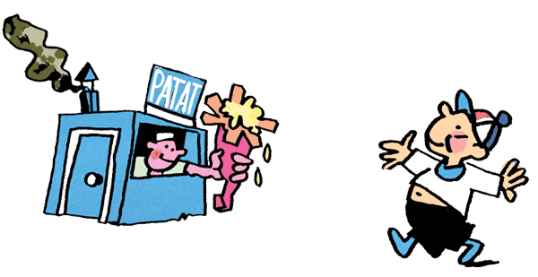 illustratie jongetje neemt grote zak patat aan - ongezond eten