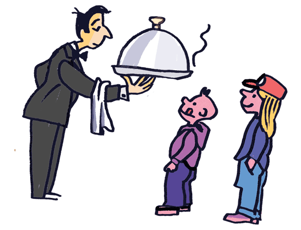 illustratie kinderen krijgen eten van een deftige ober