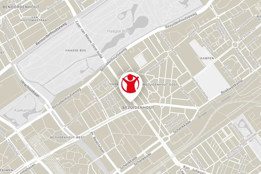 Kaart van Bezuidenhout, Den Haag met pinpoint Save the Children locatie Kaart van Bezuidenhout, Den Haag met pinpoint Save the Children locatie