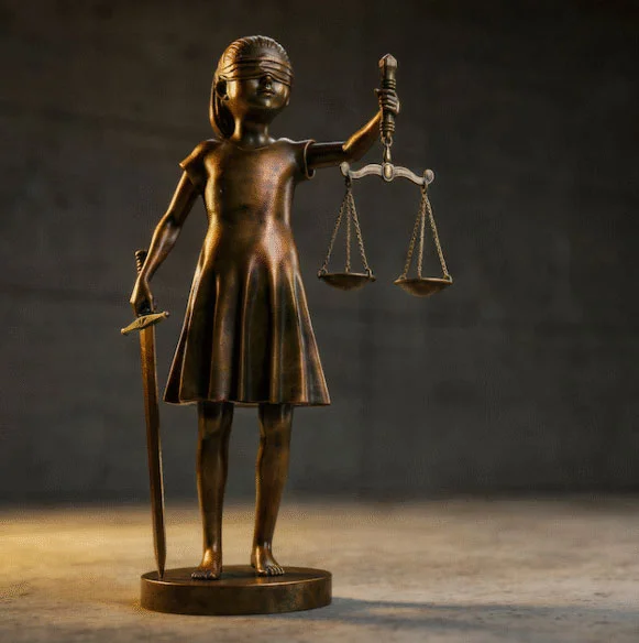 bronzen beeld meisje justitia