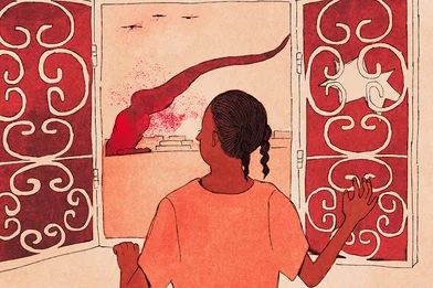 Een illustratie van een Soedanees meisje dat uit haar raam het conflict ziet Een illustratie van een Soedanees meisje dat uit haar raam het conflict ziet